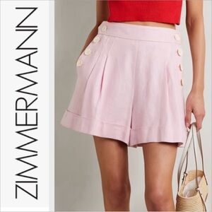 Zimmerman High Tide Button Embellished High Waisted 100% Linen Shorts